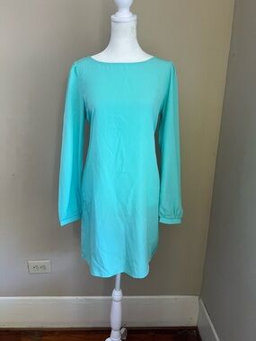 Long-Sleeve Shift Dress in Aqua Teal